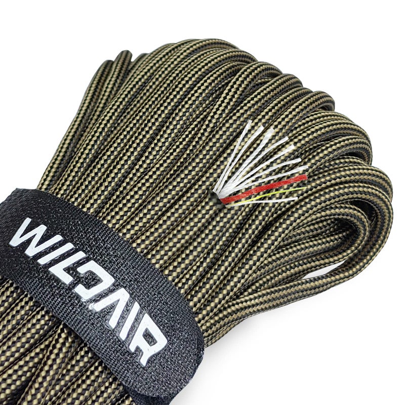 WILDAIR Paracord Survival Paracord Parachute Fire Cord Survival Ropes 4-in-1 5/32" Diameter U.S. Military Type III with Integrated Fishing Line, Fire-Starter Tinder (Black Khaki Stripe) - Image 1